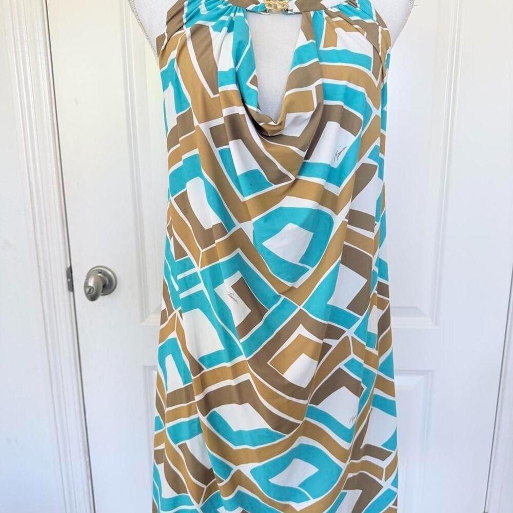 Trina Turk Turquoise & Gold Geometric Halter Mini Dress Size M